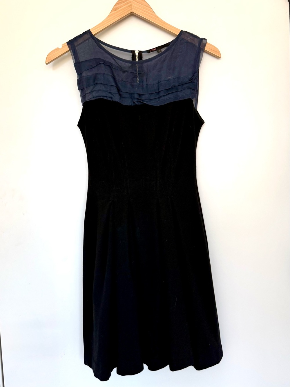 Maje Black Fit-And-Flare Mini Dress with Silk Navy Yoke